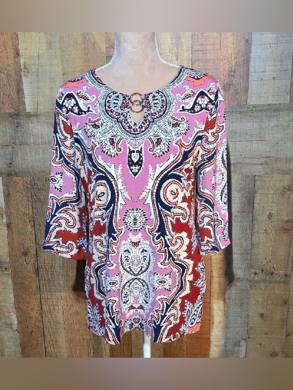 JM Collection Pink and Red Paisley Print Tunic Top size Medium -Great Condition!